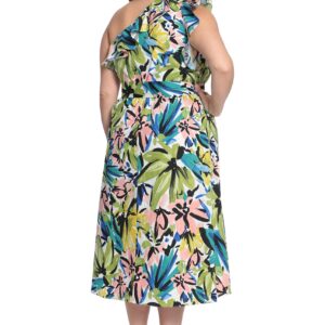 Donna Morgan Women's Bold Floral Printed Midi Dress with Ruffle One Shoulder, Soft White/Olive Green, 16