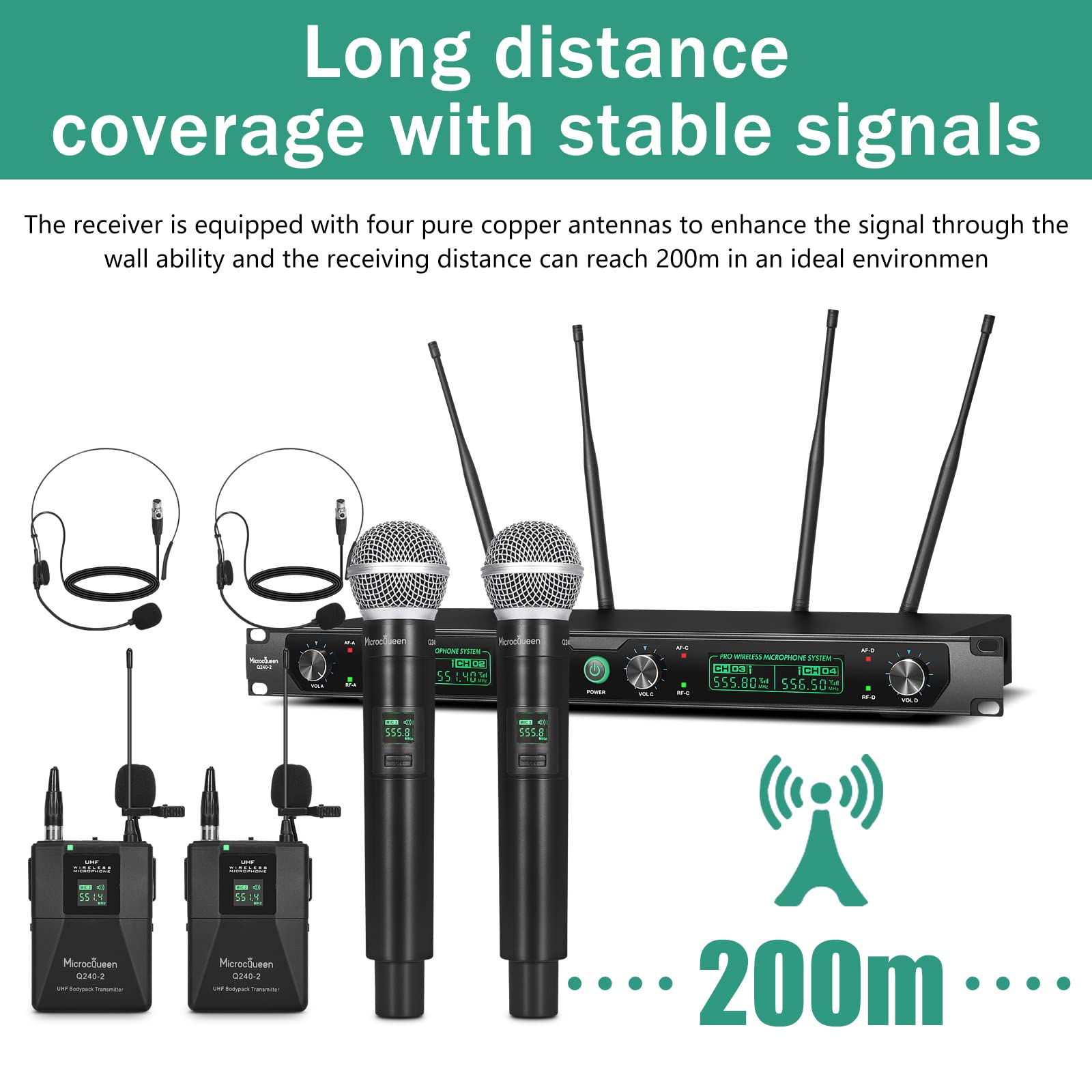 MicrocQueen Wireless Microphone System, 4-Channel UHF Professional Mic, Automatically Pair Metal Cordless Mic with 2 Handheld and 2 Bodypack, 400ft Range, for Singing, Karaoke, Party, Wedding, Concert