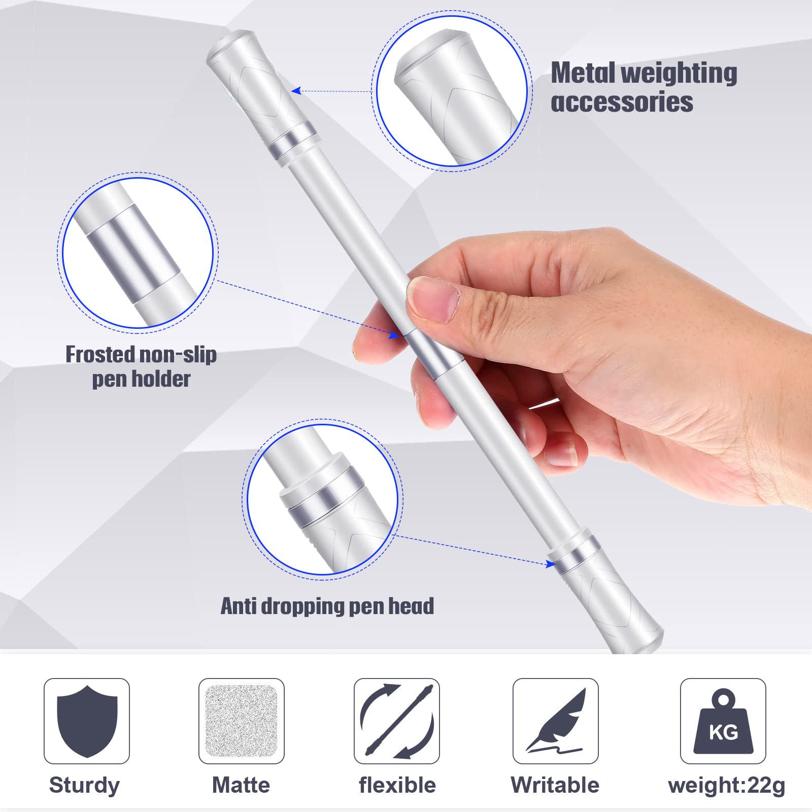 2 Pieces Spinning Pen Rolling Finger Rotating Pen Gaming Trick Pen Mod with Tutorial No Pen Refill Stress Releasing Brain Training Toys for Kids Adults Student Office Supplies (White and Silver)