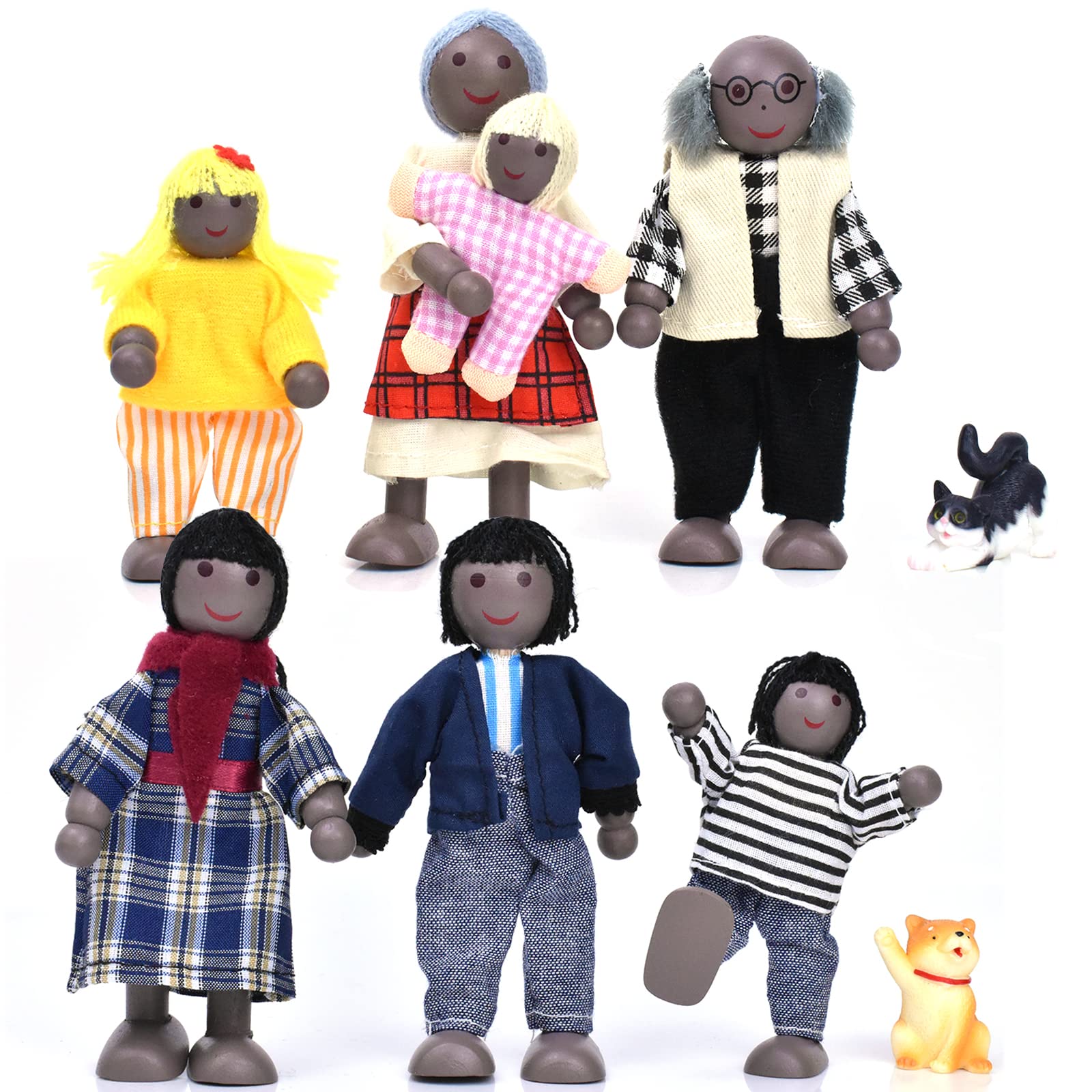 Jzszera Wooden Dollhouse People of 7 Pcs Family Figures with 2 Pets (Dog and Cat) for Girls Toddler Kids Dollhouse Accessories Toy