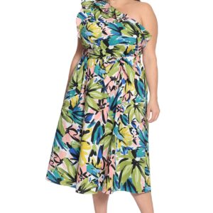 Donna Morgan Women's Bold Floral Printed Midi Dress with Ruffle One Shoulder, Soft White/Olive Green, 16