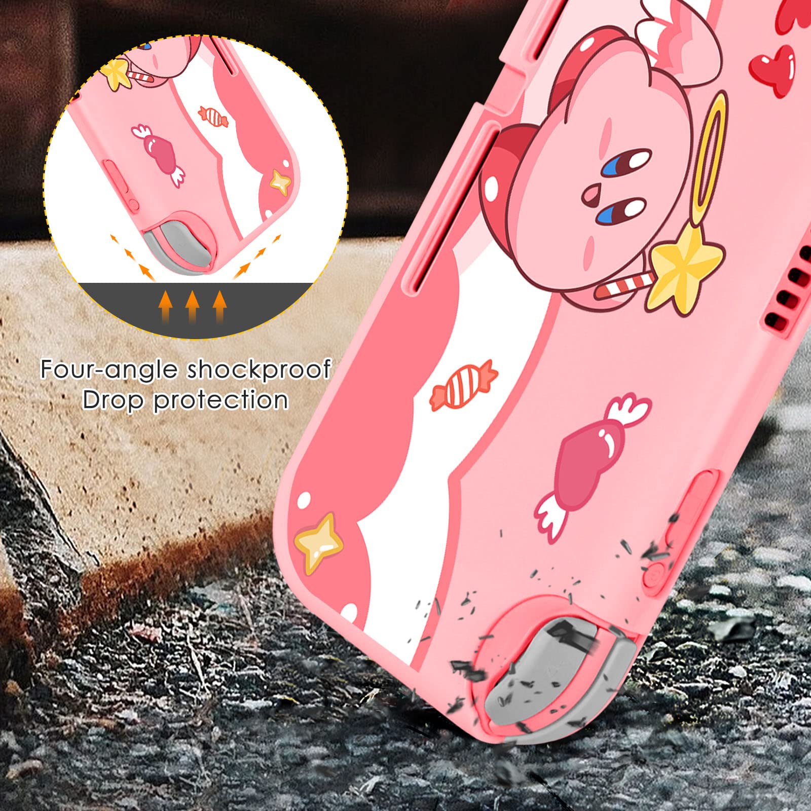 oqpa for Nintendo Switch Lite 2019 Case for Girls Boys Kids Cute Kawaii Anime Cartoon Character Design Cool Fun Protective Cases Hard Shell Cover with Screen Protector Glass for Switch Lite,Kirb