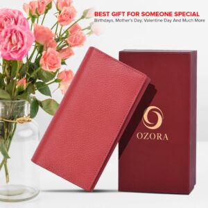 Ozora RFID Block Handmade Bifold Leather Wallet with Multi Card Holders, Travel Purse for Women (Red Floater)