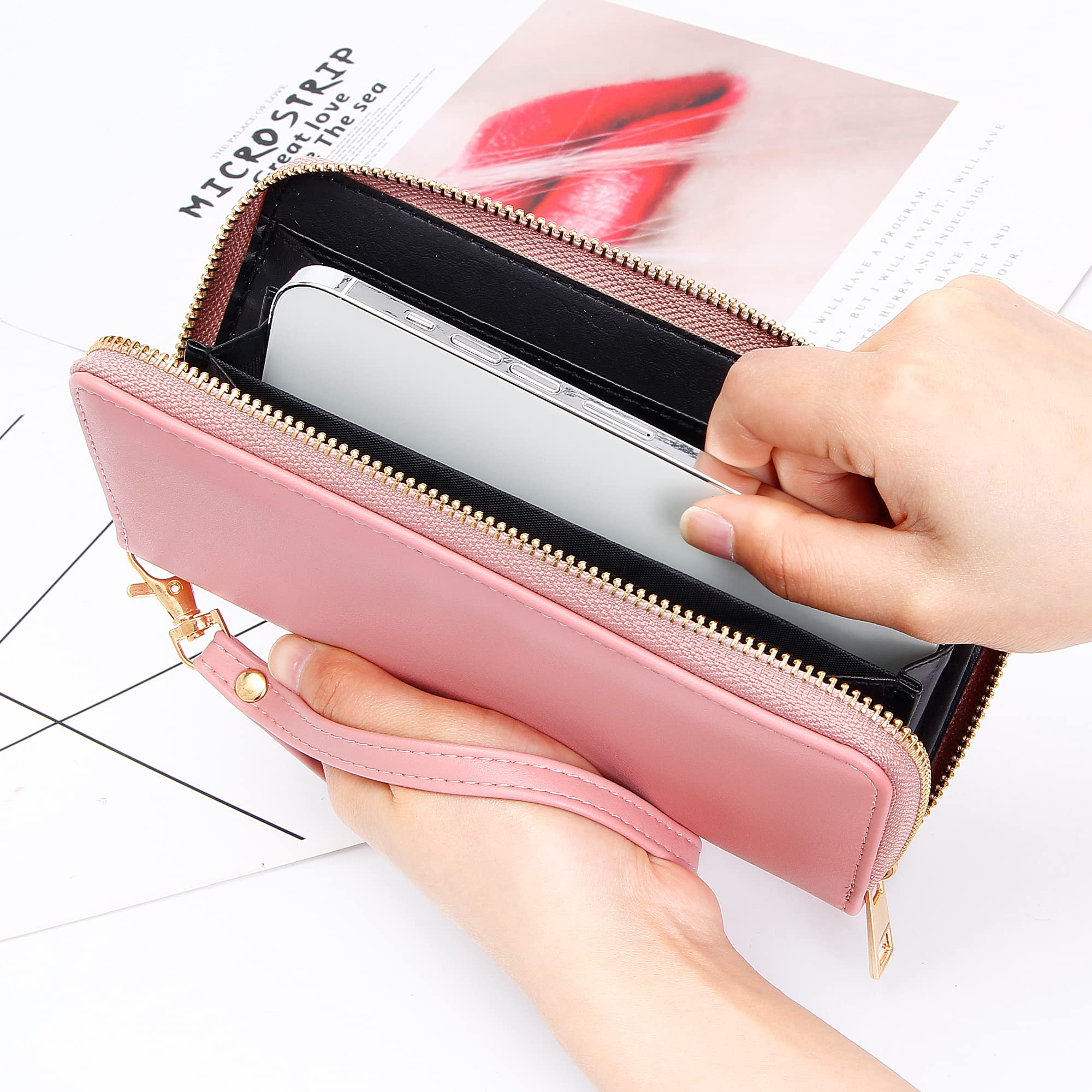 KUKOO Women’s Zip Around Wallet Phone Clutch Purse Card Holder Organizer Wristlet PINK