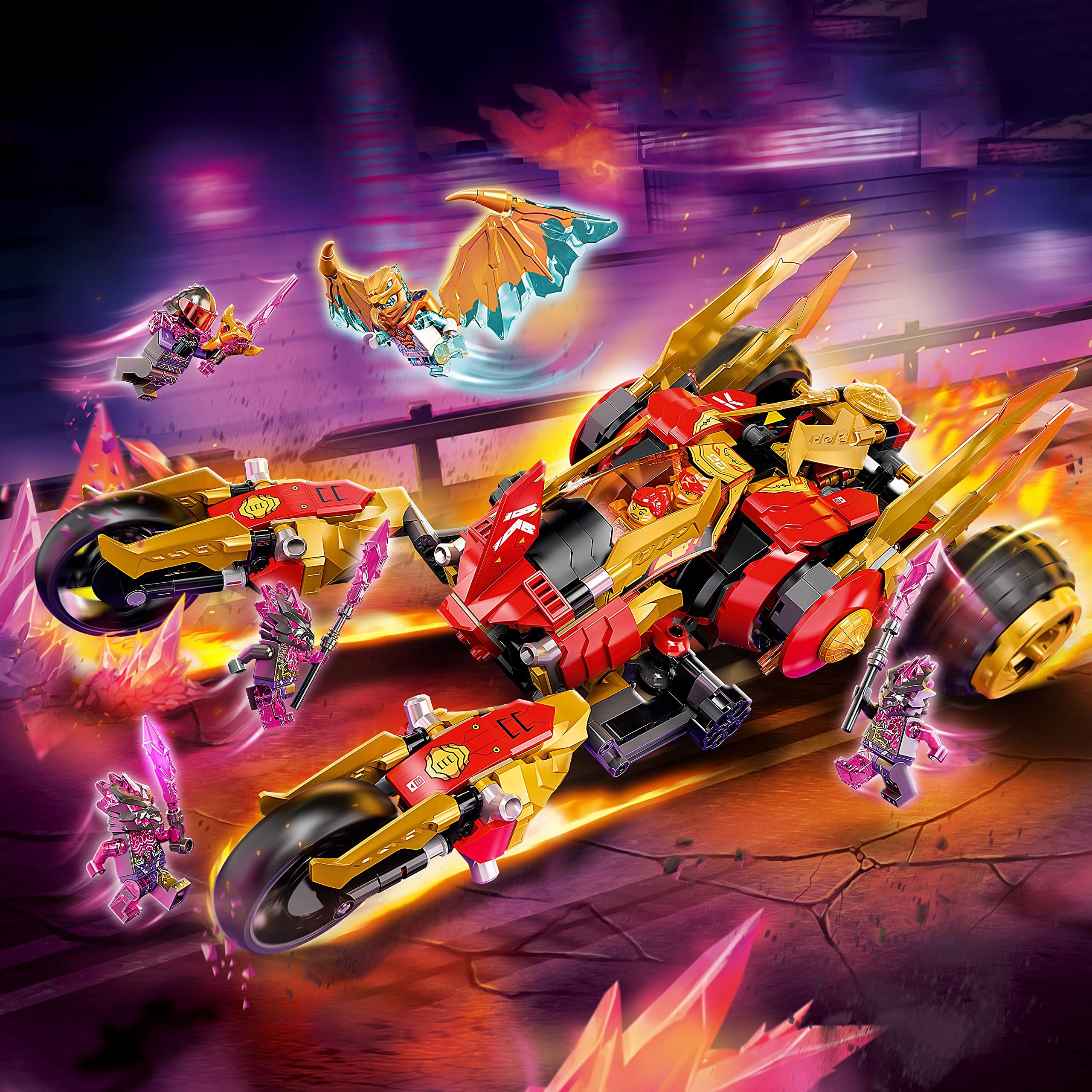 LEGO NINJAGO Kai’s Golden Dragon Raider Multi-Terrain Car Toy 71773 with Kai and Zane Minifigures, Building Set for Kids Ages 8 Plus