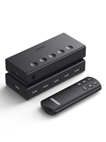 UGREEN HDMI Switch 5 in 1 Out 4K@60Hz, HDMI Splitter with Remote 5 Port HDMI Switcher Selector Support 3D CEC HDR HDCP2.2 Compatible with PS5/4/3 Xbox Nintendo Switch Roku TV Fire Stick Black