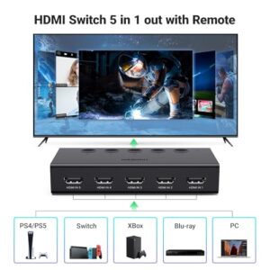 UGREEN HDMI Switch 5 in 1 Out 4K@60Hz, HDMI Splitter with Remote 5 Port HDMI Switcher Selector Support 3D CEC HDR HDCP2.2 Compatible with PS5/4/3 Xbox Nintendo Switch Roku TV Fire Stick Black