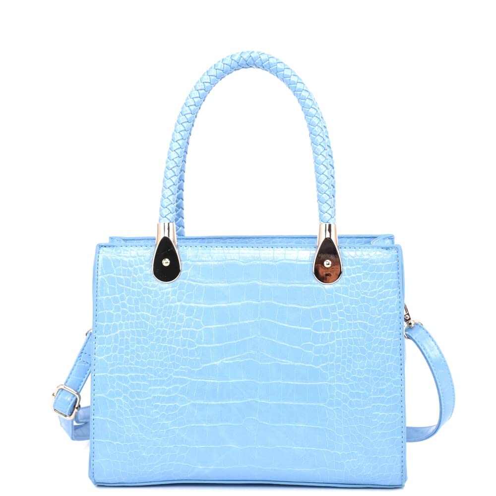 Trendeology Glossy Vegan Leather Structured Square Crocodile Print Medium Satchel Purse Tote Handbag (Crocodile Print - Light-Blue)