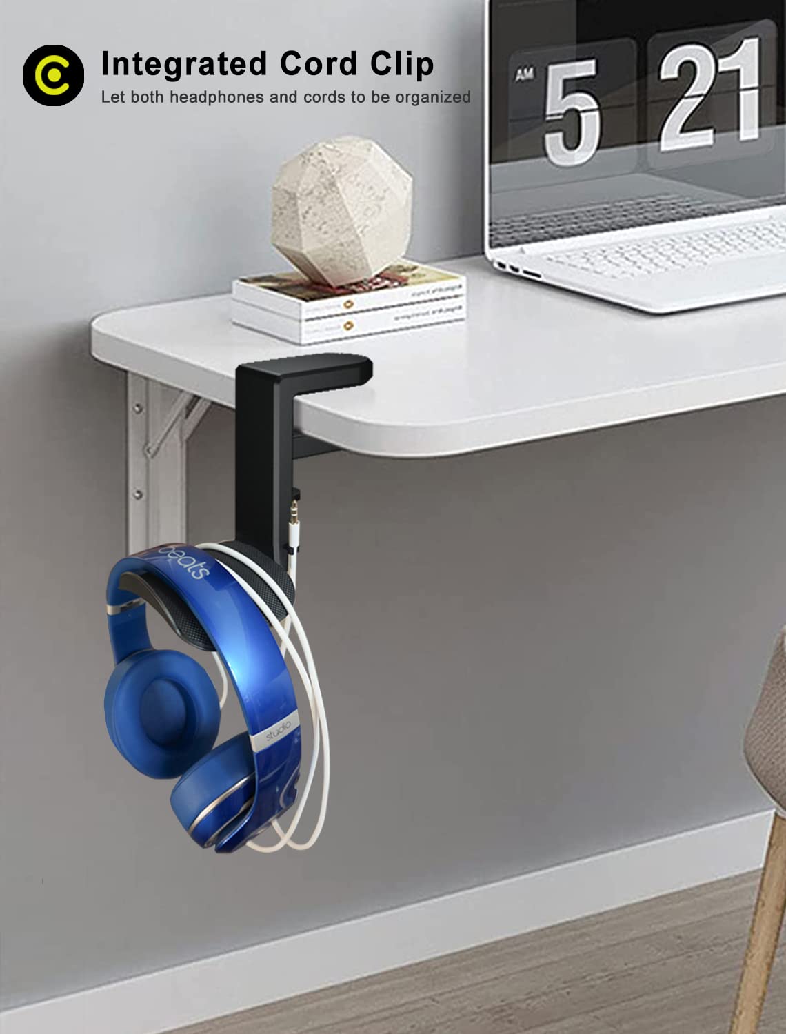 ETOWIFA Headphone Holder Hanger Upgraded with Rotating & Adjustable Clamp for Controller & Headphones, Headset Stand Under Desk Hook Mount Built in Cable Clip