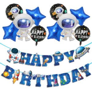 blue astronaut birthday theme set - flying saucer astronaut rocket space happy birthday banner decorations, astronaut star space round balloon supplies