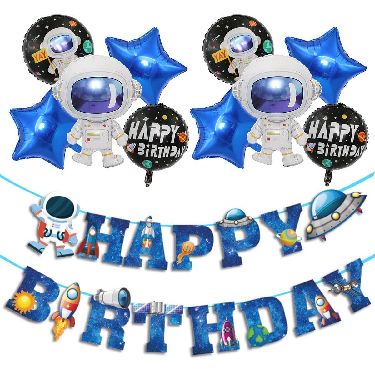 Blue Astronaut Birthday Theme Set - Flying Saucer Astronaut Rocket Space Happy Birthday Banner Decorations, Astronaut Star Space Round Balloon Supplies