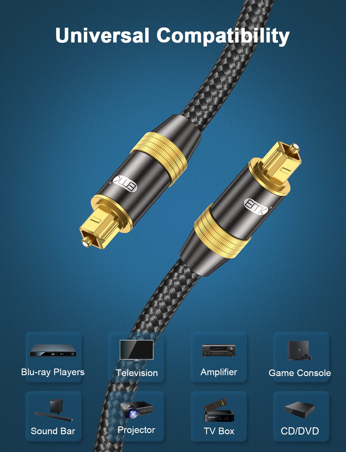 EMK Optical Audio Cable Digital Toslink Cable 24K Gold-Plated Nylon Braided S/PDIF Cable for Home Theater, Sound Bar, TV, PS4, Xbox, PlayStation (3.3Feet/1M)