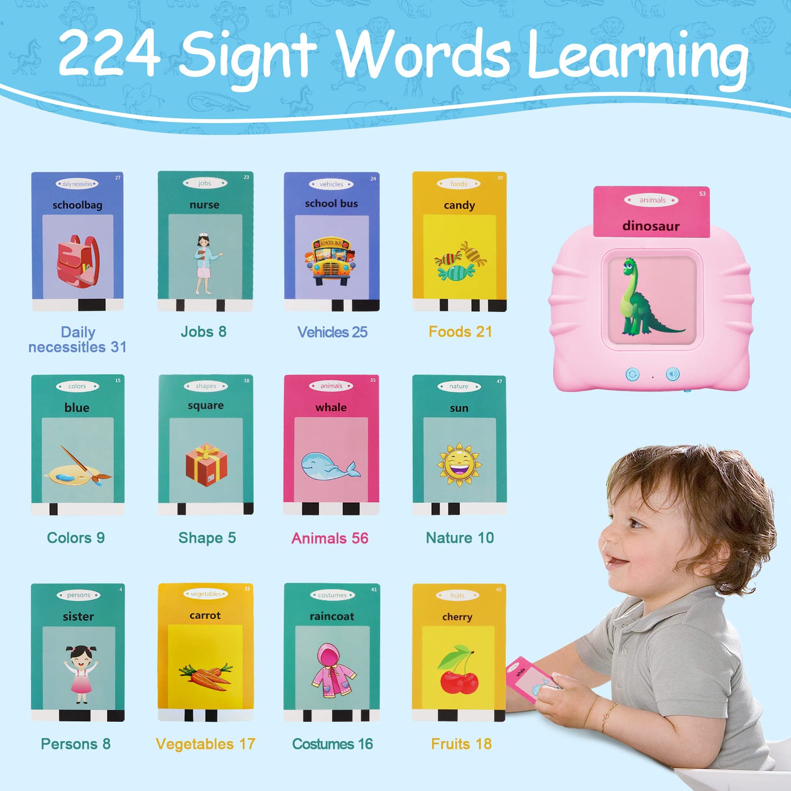 BEILAEEA Toddler Toys for 2 3 4 5 Year Old Boys and Girls, Autism Sensory Toys for Autistic Children, Learning Montessori Toys, Speech Therapy Toys, 224 Sight Words Talking Flash Cards (Pink 224)