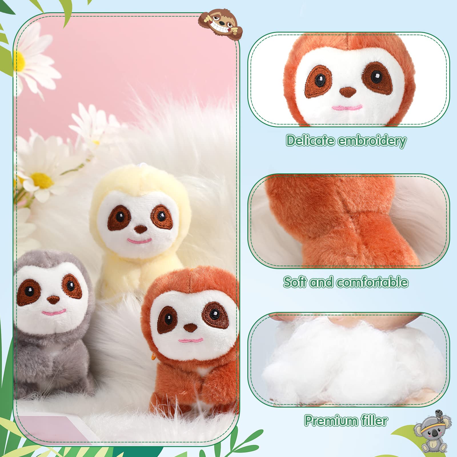 9 Pcs Mini Sloth Stuffed Animal Sloth Birthday Party Supplies Small Baby Shower Sloth Gifts Soft Huggable Adorable Jungle Animal Plush Toys Set for Party Favors Award 4 Inches (Brown, Gray, Beige)