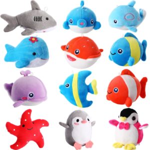 12 Pcs Mini Ocean Animal Plush Toys Sea Creatures Stuffed Toy Soft Plush Sea Life Small Stuffed Animals Plush Keychain Decorations for Carnival Prizes Christmas Tree Birthday Party Bag Fillers