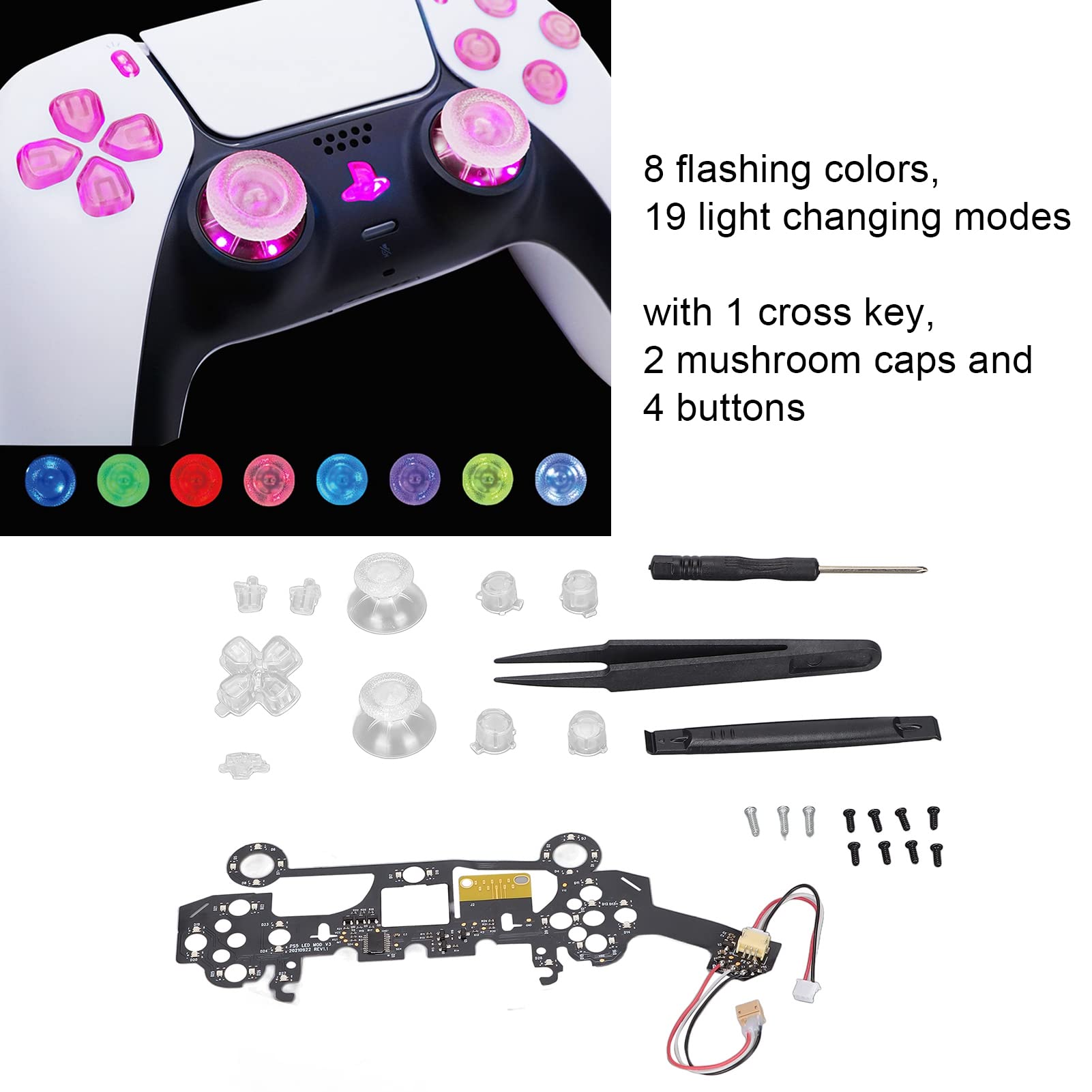 Multi Colors Luminated D Pad Thumbsticks Face Buttons LED Kit for PS5 Controller,8 Colors 19 Modes DIY Classical LED Light Kit for PS5