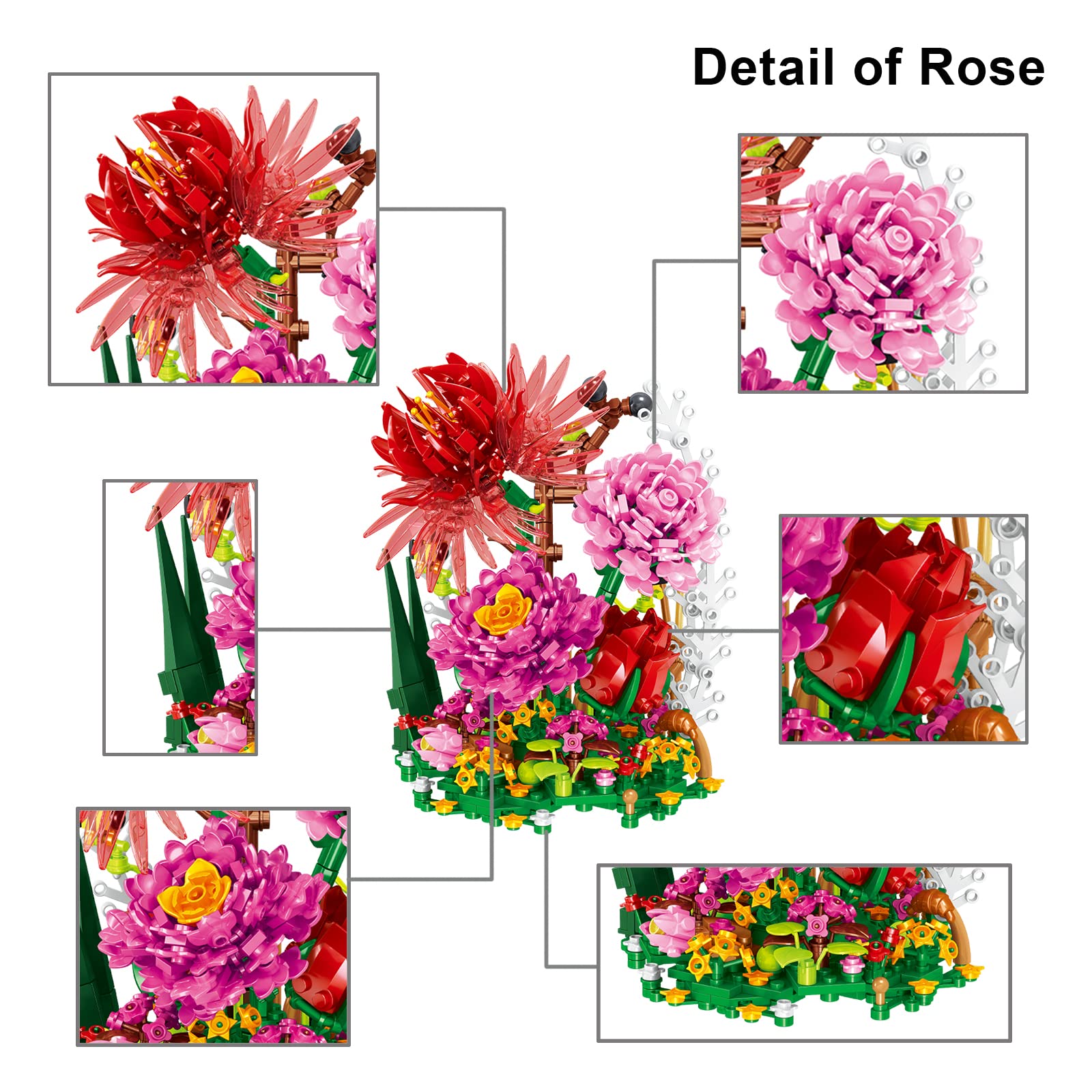 QARULUS Flower Bouquet Building Kit Flowers Botanical Collection DIY Plants Bonsai Tree Friends Sets Adult Building Blocks Set Christmas New Year Birthday Gift for Girls Mom Women Girlfriend(Roses)