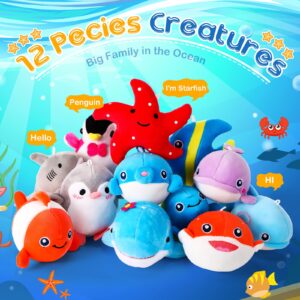 12 Pcs Mini Ocean Animal Plush Toys Sea Creatures Stuffed Toy Soft Plush Sea Life Small Stuffed Animals Plush Keychain Decorations for Carnival Prizes Christmas Tree Birthday Party Bag Fillers