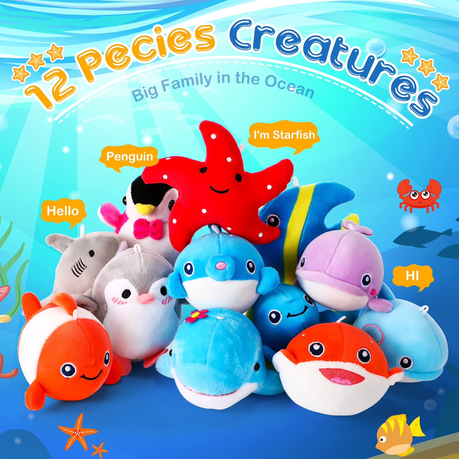 12 Pcs Mini Ocean Animal Plush Toys Sea Creatures Stuffed Toy Soft Plush Sea Life Small Stuffed Animals Plush Keychain Decorations for Carnival Prizes Christmas Tree Birthday Party Bag Fillers