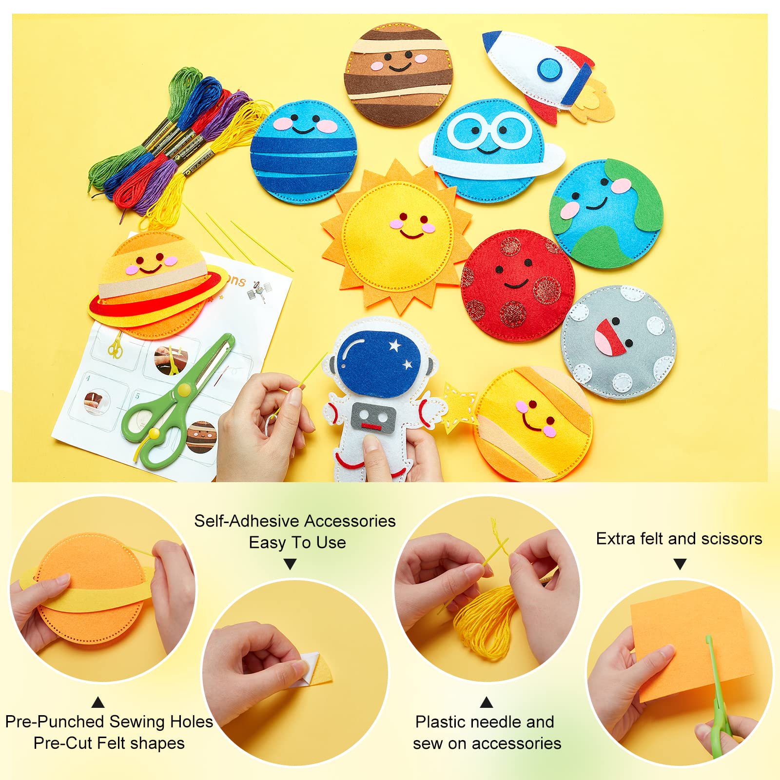 WEBEEDY 11 Set Sewing Kit Solar System Craft Kit Felt Stitch Art and Craft Make Your Own Stuffed Solar System Kit Felt DIY Plush Craft Kit for Beginner