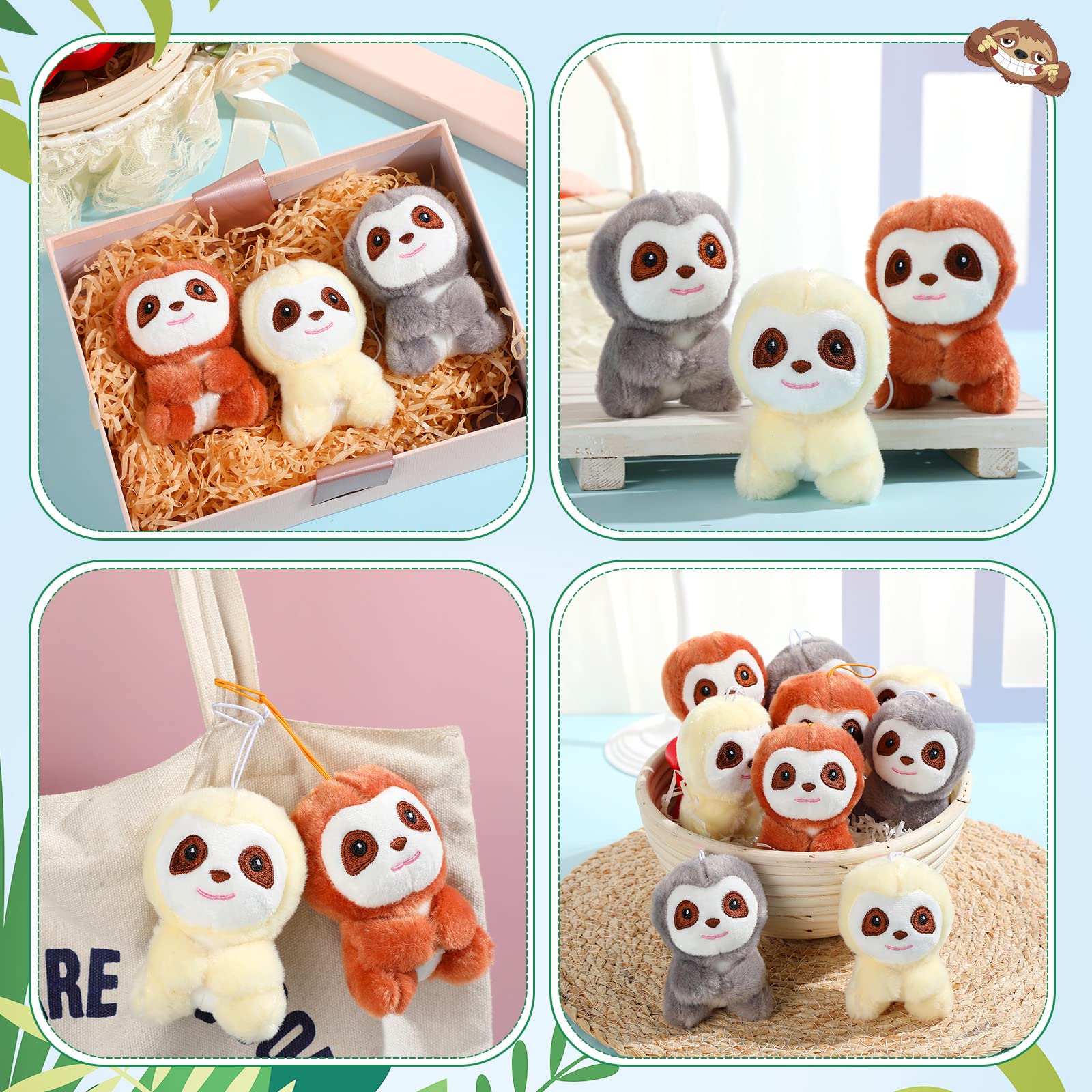 9 Pcs Mini Sloth Stuffed Animal Sloth Birthday Party Supplies Small Baby Shower Sloth Gifts Soft Huggable Adorable Jungle Animal Plush Toys Set for Party Favors Award 4 Inches (Brown, Gray, Beige)