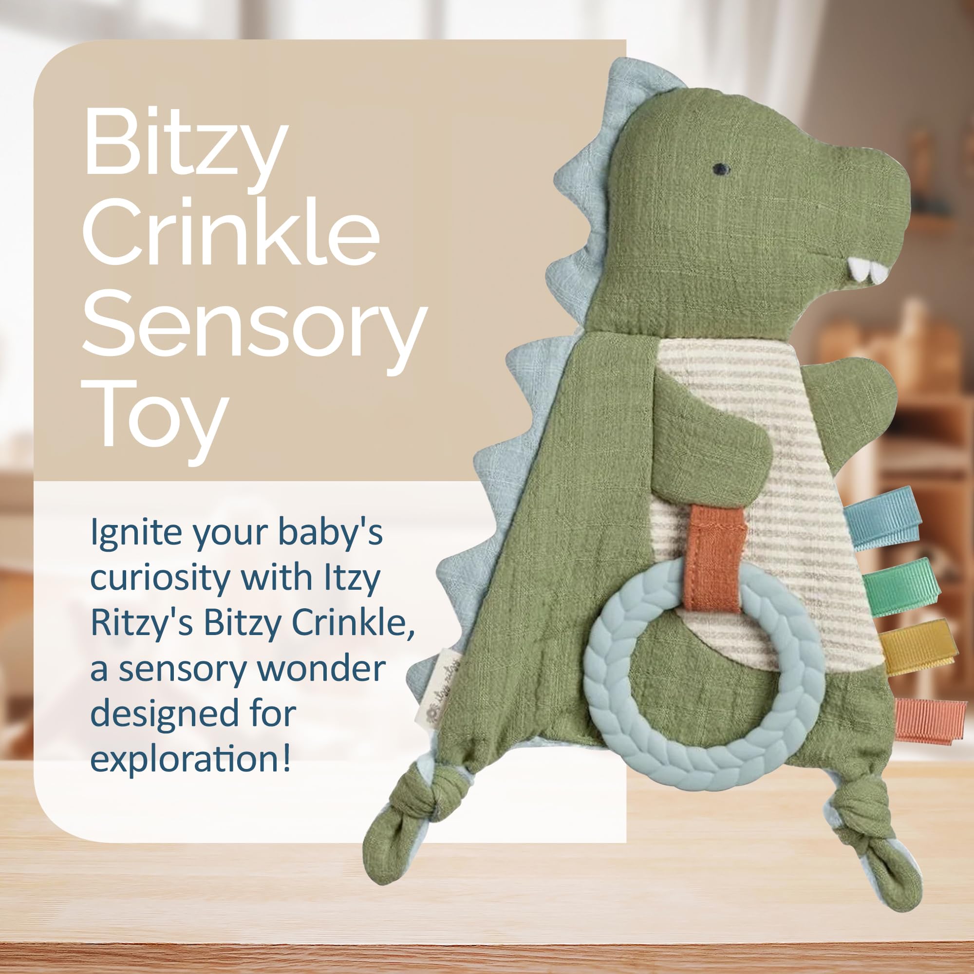 Itzy Ritzy - Bitzy Crinkle Sensory Toy Dinosaur with Crinkle Sound for Babies & Toddlers - Features Soft Braided Teething Ring & Textured Ribbons, Designed for Ages 0 Months and Up, Dinosaur