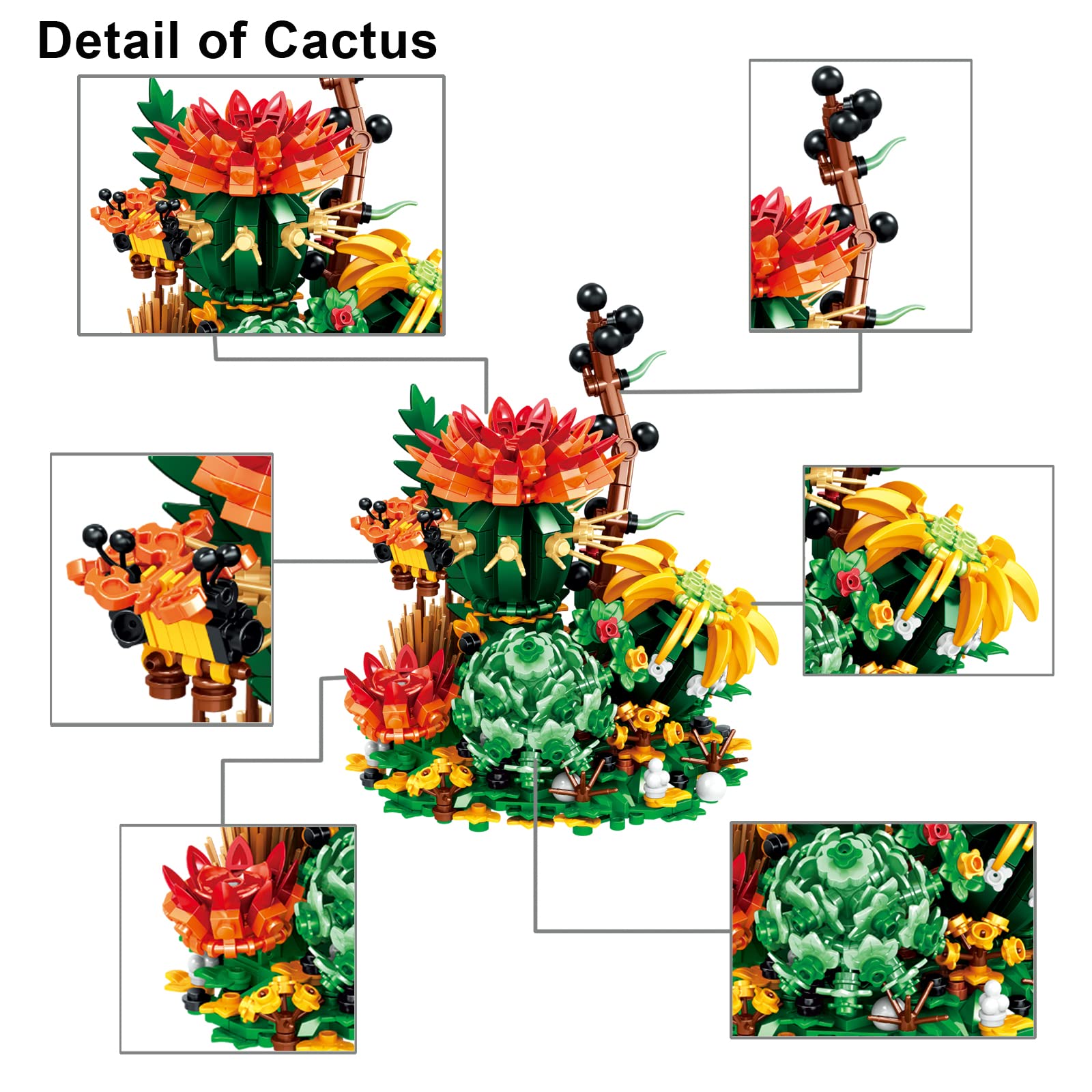 QARULUS Flower Bouquet Building Kit Flowers Botanical Collection DIY Plants Bonsai Tree Friends Sets Adult Building Blocks Set Christmas New Year Birthday Gift for Girls Mom Women Girlfriend(Cactus)