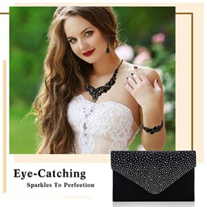 Epakh 4 Piece Black Clutch Purses Jewelry Set for Women, Glitter Rhinestone Evening Bag Handbag, Crystal Necklace, Earrings and Bracelet Black Costume Sets for Women Bridal Wedding Party