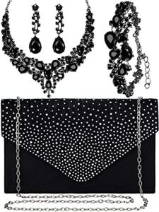 epakh 4 piece black clutch purses jewelry set for women, glitter rhinestone evening bag handbag, crystal necklace, earrings and bracelet black costume sets for women bridal wedding party