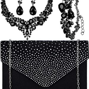 Epakh 4 Piece Black Clutch Purses Jewelry Set for Women, Glitter Rhinestone Evening Bag Handbag, Crystal Necklace, Earrings and Bracelet Black Costume Sets for Women Bridal Wedding Party