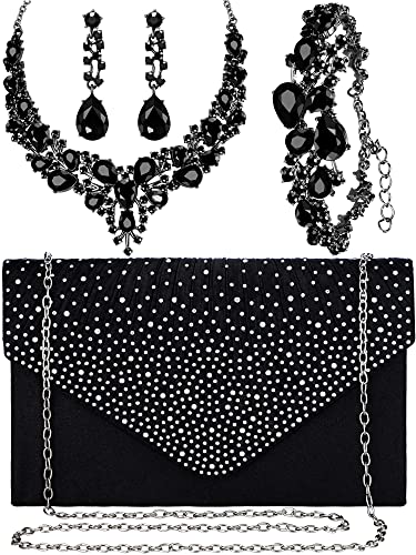 Epakh 4 Piece Black Clutch Purses Jewelry Set for Women, Glitter Rhinestone Evening Bag Handbag, Crystal Necklace, Earrings and Bracelet Black Costume Sets for Women Bridal Wedding Party