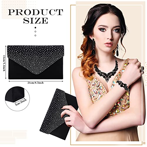 Epakh 4 Piece Black Clutch Purses Jewelry Set for Women, Glitter Rhinestone Evening Bag Handbag, Crystal Necklace, Earrings and Bracelet Black Costume Sets for Women Bridal Wedding Party