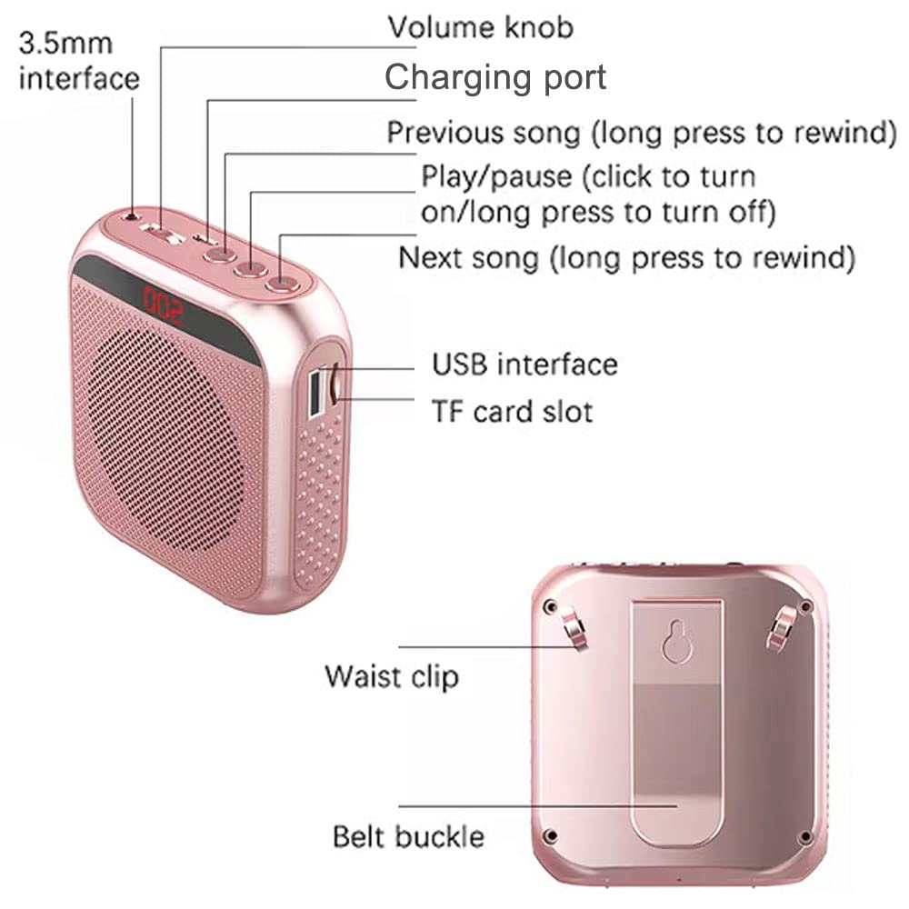 Portable Voice Amplifier for Teachers, 2200mAh Rechargeable Personal Amplifier Mic PA System Headset Microphone with Speaker for Teachers, Training, Meeting, Tour Guide, Yoga, Classroom (Rose)