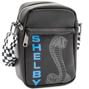 carroll shelby bag, cross body, carroll shelby text and super cobra snake, black, vegan leather. 8.0" x 6.5"