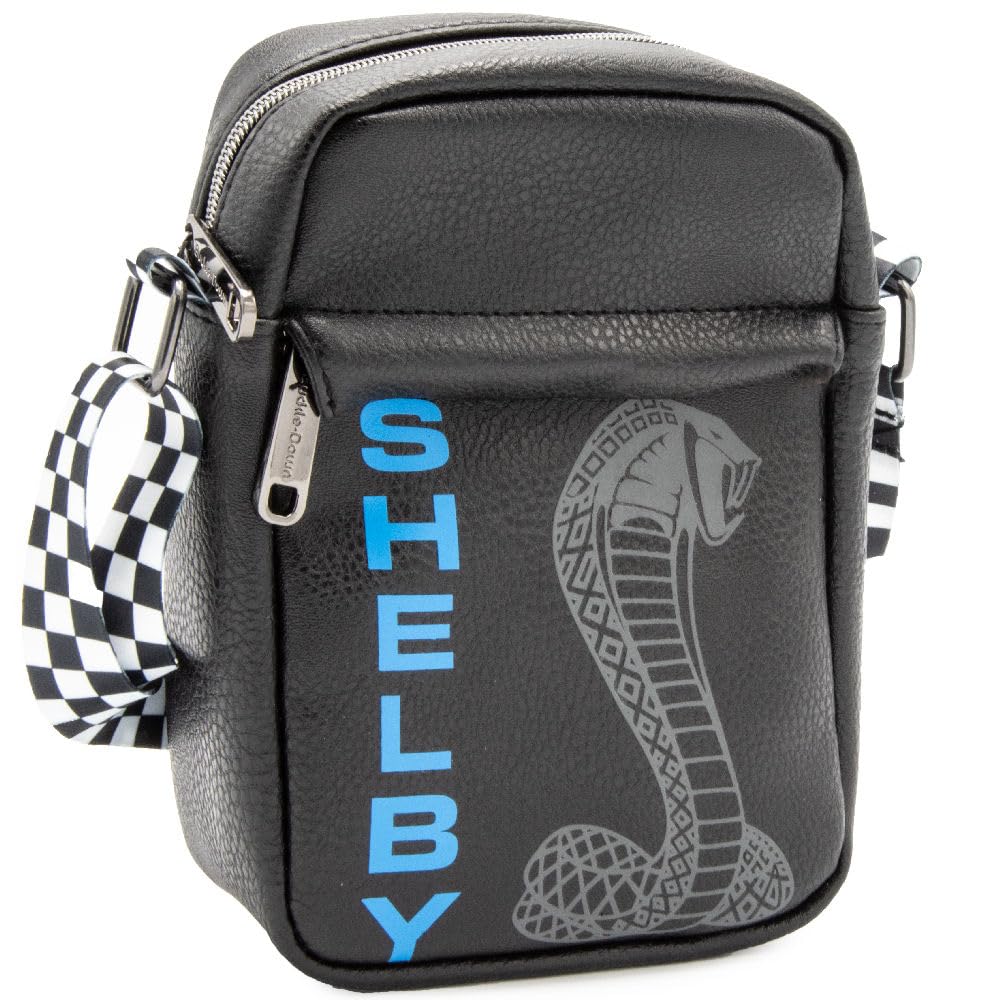 Carroll Shelby Bag, Cross Body, Carroll Shelby Text and Super Cobra Snake, Black, Vegan Leather. 8.0" x 6.5"