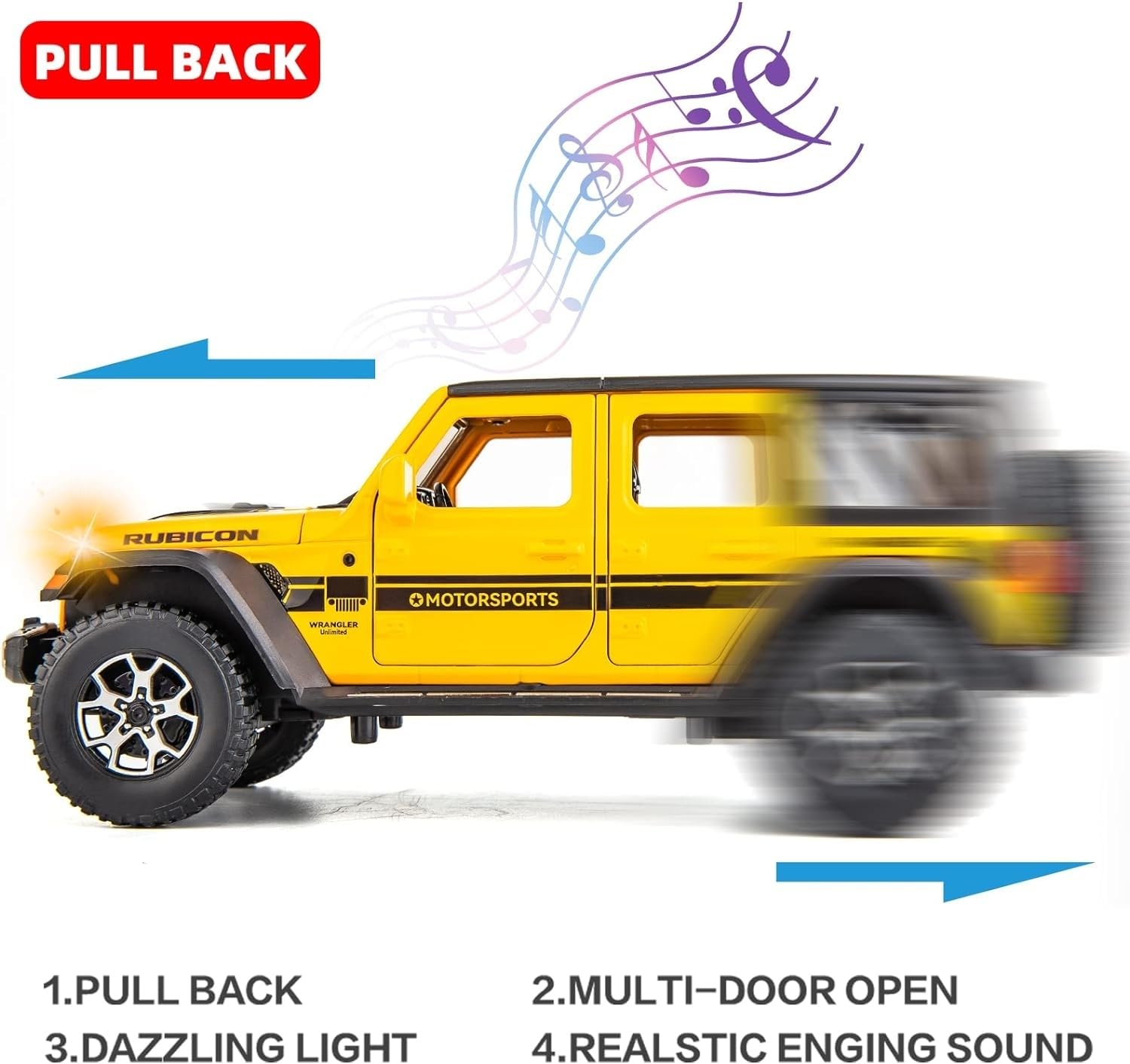 BDTCTK Off-Road 7 Door for Wrangler Diecast Toy Car Model, 1/22 Scale Metal Alloy Vehicle for Kids Boys Girls Adults, Doors Open, Light and Sound, Gifts Yellow