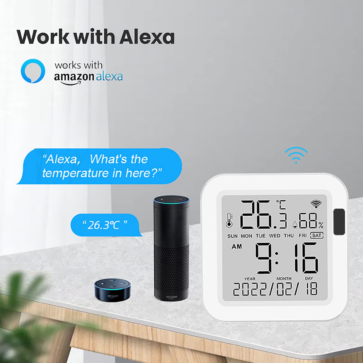 WiFi Temperature Humidity Monitor: Upgraded Smart Temperature and Humidity Sensor with Large Backlit LCD Screen & App Alerts, Indoor Thermometer Hygrometer Compatible with Alexa Google Assistant