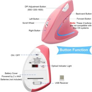 OTYSRH Ergonomic Wireless Vertical Mouse Ergo Optical 2.4G Cordless Mouse Portable Travel Mice with 6 Buttons 3 Adjustable DPI 800/1200/1600 for PC Laptop Desktop (Pink)