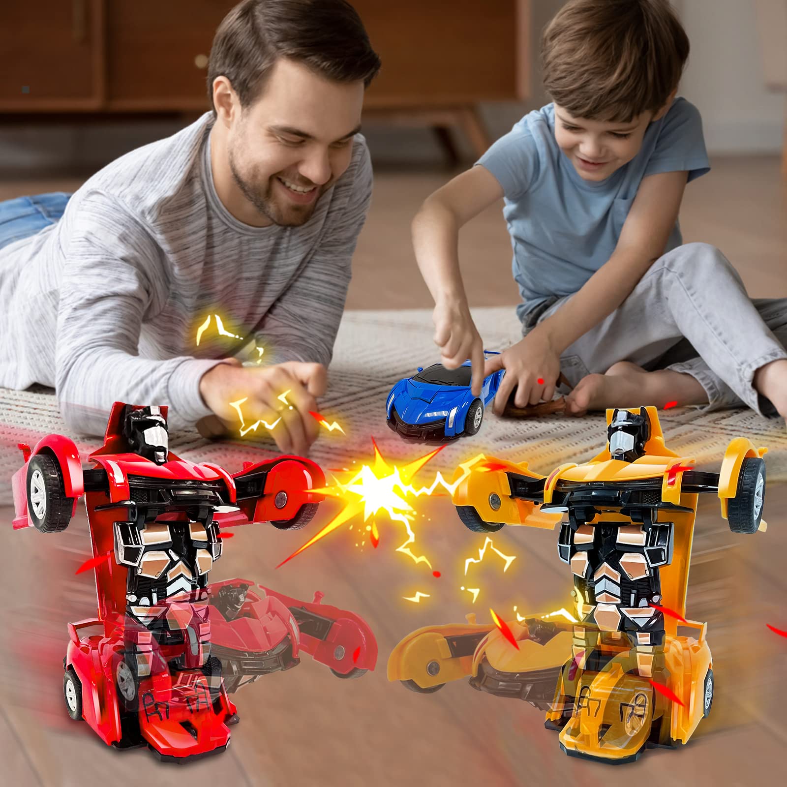 AMENON 3 Pack Transform Toys Robot Car Toys for Boys, 1:36 Automatic Deformation Push and Go Car Vehicle Toy Race Car for Kids Birthday Gifts