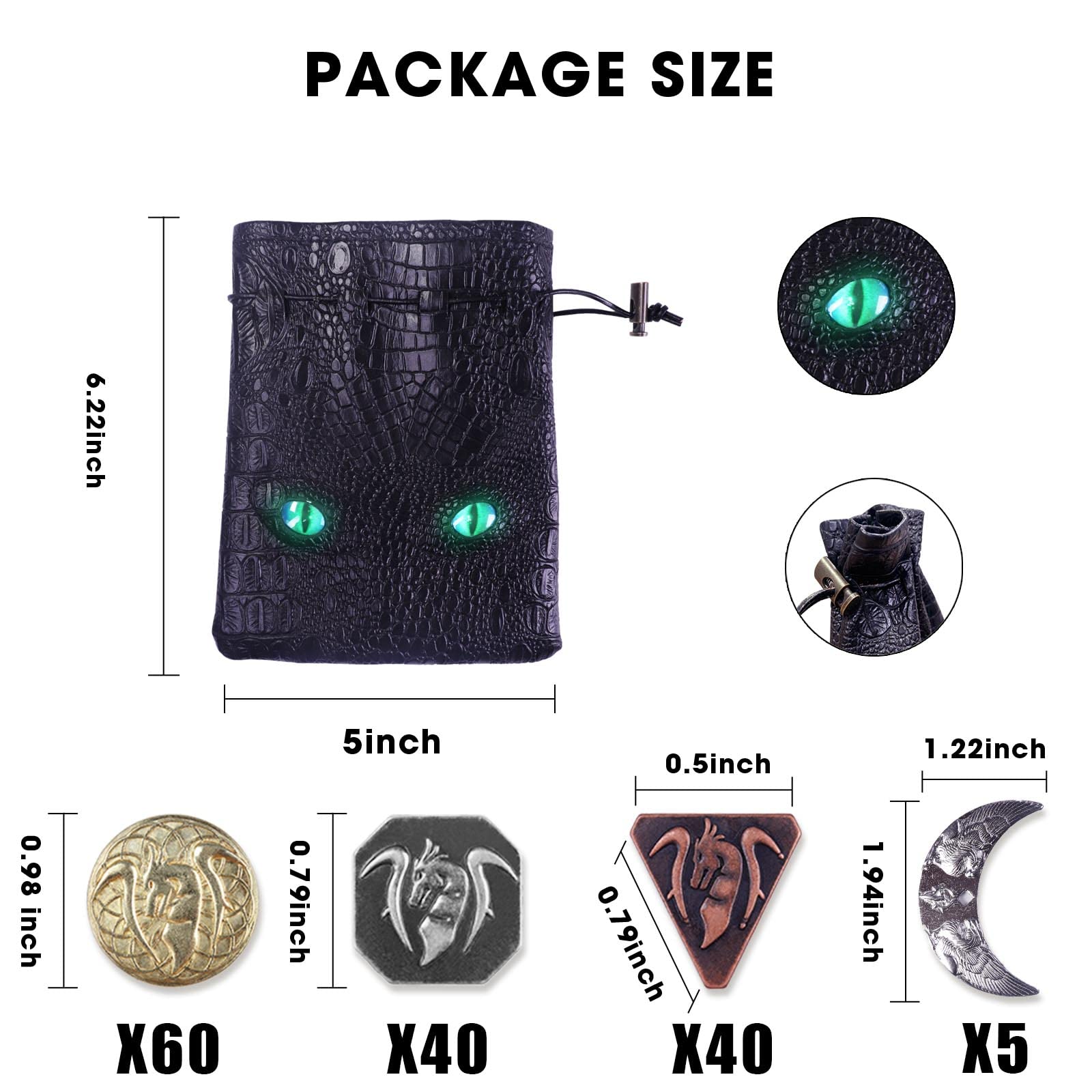 145PCS Metal DND Coins & Leather Bag, Contains 60 Gold Coins, 40 Sliver Coins, 40 Copper Coins and 5 Platinum Coins, Tokens with Glow in The Night Eyes Bag for RPG Tablelap Games