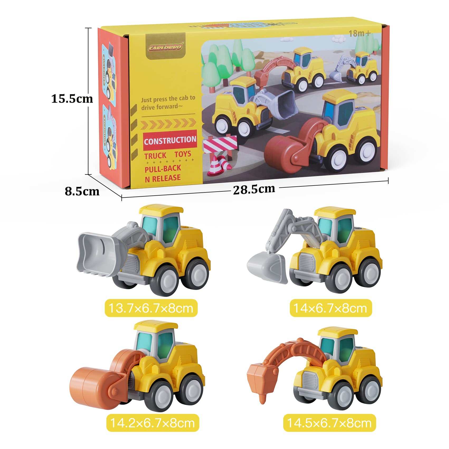 CARLORBO Toy Cars for Toddlers 1-3 - Pull Back Cars Toys, Press and Go Truck Toys for 18 Months to 2 3 4 5 Years Boys Girls Gift 4 PCS (Construction Vehicles)