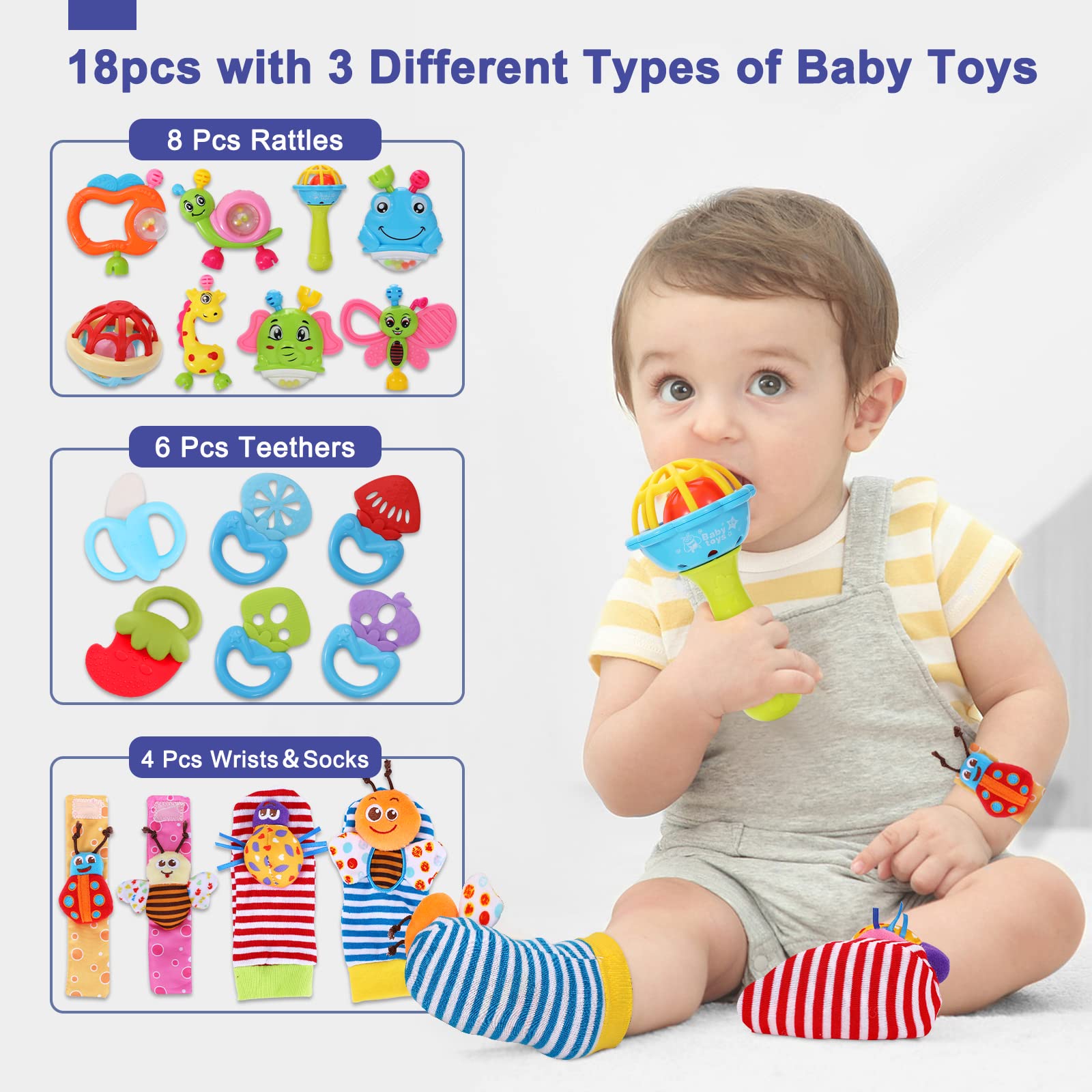 AZEN 18Pcs Baby Toys 3-6 Months, Baby Rattles 0-6 Months, Newborn Infant Baby Toys 0-3 Months, Baby Rattles 0-6 Months, Baby Toys 6 to 12 Months, Baby Boy Girl Gifts Set