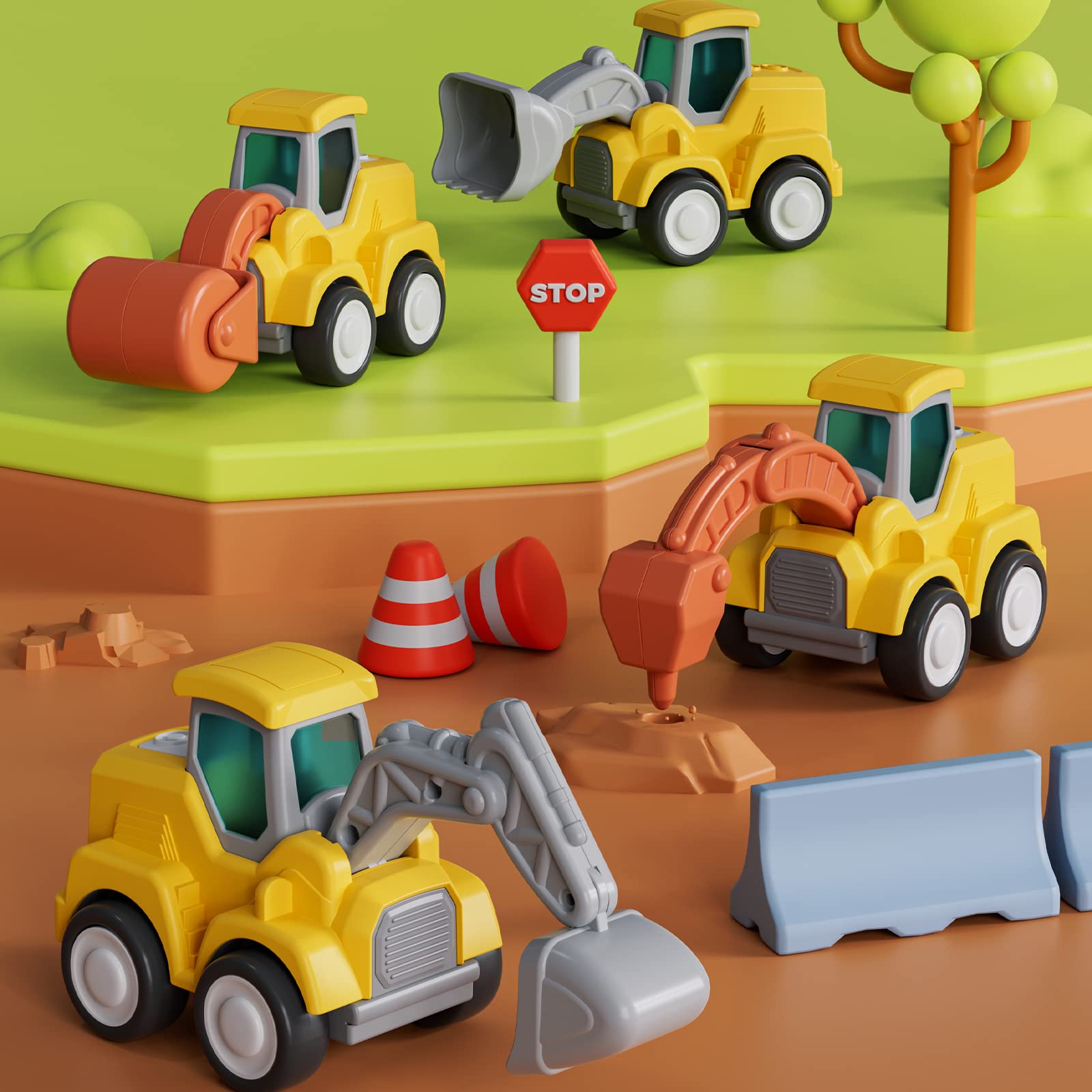 CARLORBO Toy Cars for Toddlers 1-3 - Pull Back Cars Toys, Press and Go Truck Toys for 18 Months to 2 3 4 5 Years Boys Girls Gift 4 PCS (Construction Vehicles)