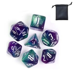 ksndie polyhedral dnd dice set for dungeon and dragons, 7-die d&d dice sets for rpg role playing games,d and d, purple mix blue green nebula dice