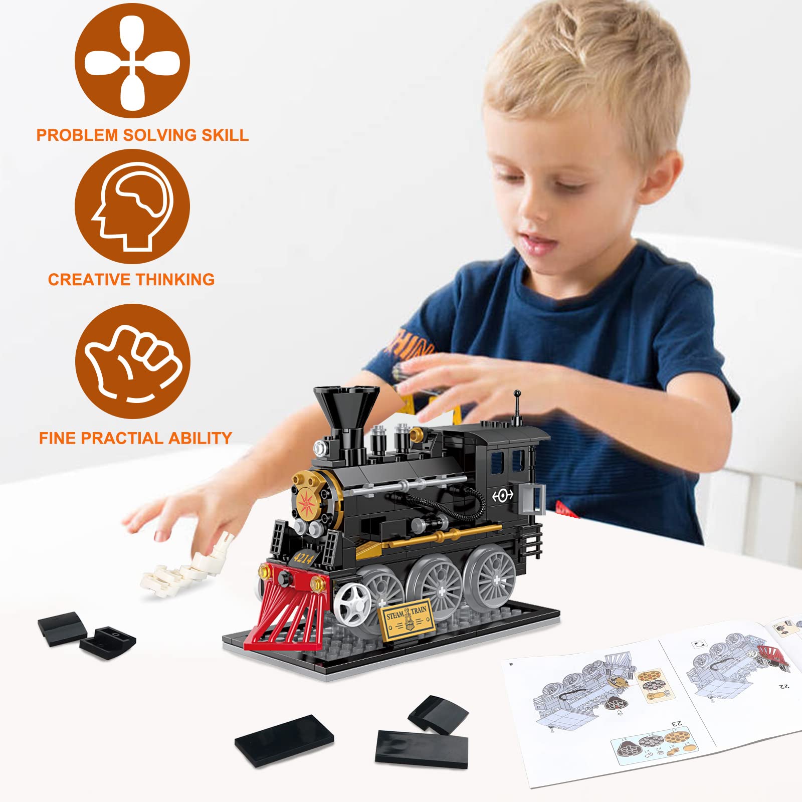 BRICK STORY Train Building Toys, Classic Steam Train, Creator Locomotive Model, Retro City Train Set, Creative Construction Brick for Kids Boys 6-12 246 Pieces