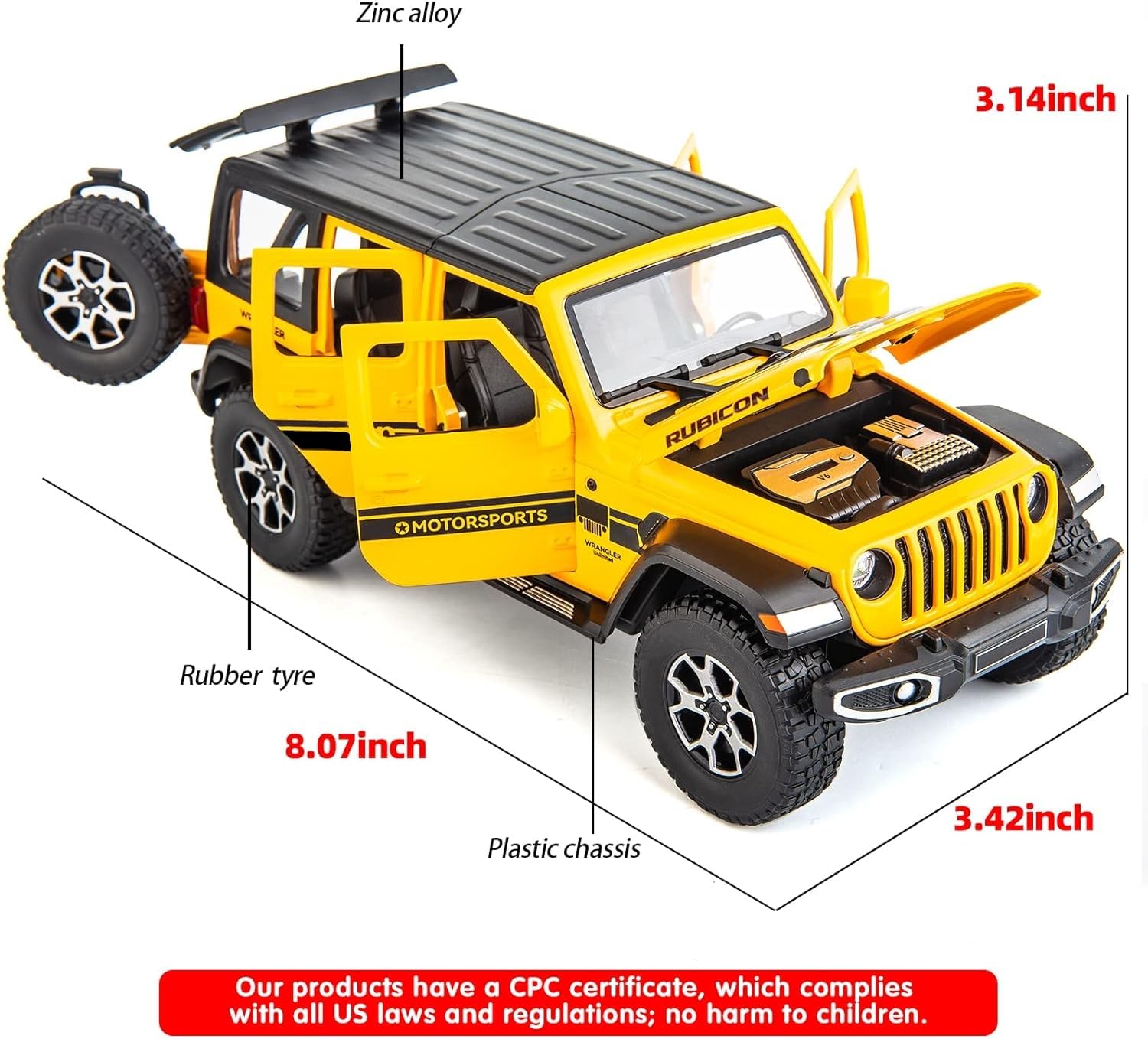 BDTCTK Off-Road 7 Door for Wrangler Diecast Toy Car Model, 1/22 Scale Metal Alloy Vehicle for Kids Boys Girls Adults, Doors Open, Light and Sound, Gifts Yellow