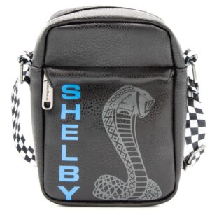 Carroll Shelby Bag, Cross Body, Carroll Shelby Text and Super Cobra Snake, Black, Vegan Leather. 8.0" x 6.5"