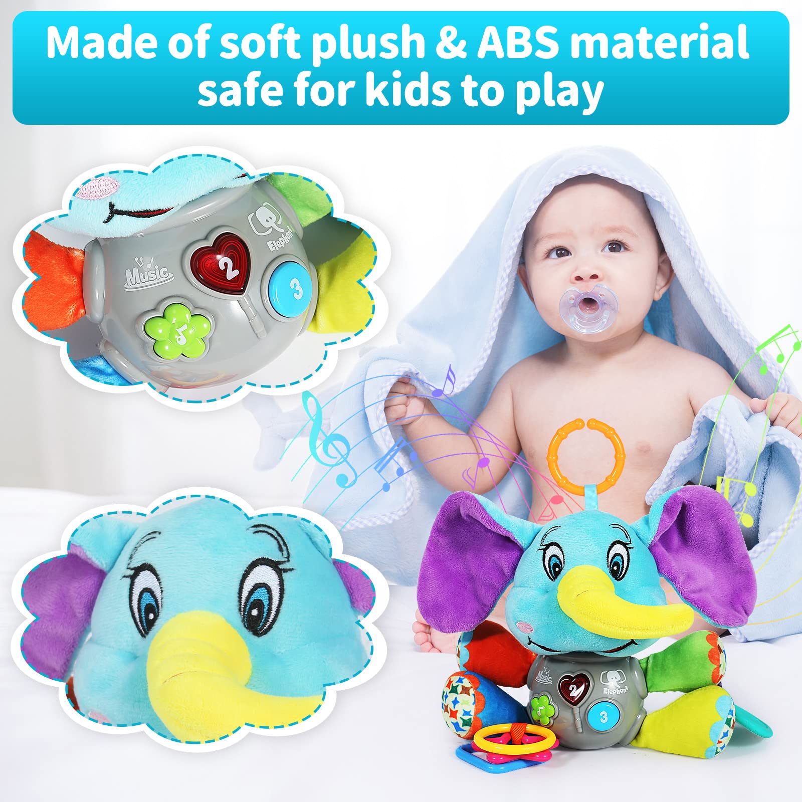 Baby Toddler Boy Girl Toys Gifts 0-6 6 to 12 Months, Luminous Plush Elephant Music Toy, as a Teething Toy, Apply for Car Seats, Cribs and Strollers, Toys Gifts for 1 Year Old Girls Boys