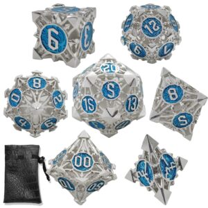 AHDKEJG Metal DND Dice Set D&D Hollow Dungeons and Dragons Gifts Polyhedral D20 Sided Dice RPG MTG Table Games Pathfinder Accessories Role Playing 7pcs D20 D12 D10 D% D8 D6 D4-Silver Blue