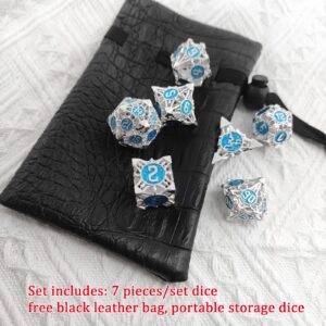 AHDKEJG Metal DND Dice Set D&D Hollow Dungeons and Dragons Gifts Polyhedral D20 Sided Dice RPG MTG Table Games Pathfinder Accessories Role Playing 7pcs D20 D12 D10 D% D8 D6 D4-Silver Blue